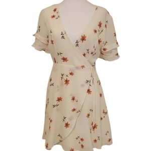 Essue Floral Mini Dress Cream Orange Women's Size M Ruffles Cottagecore Dainty